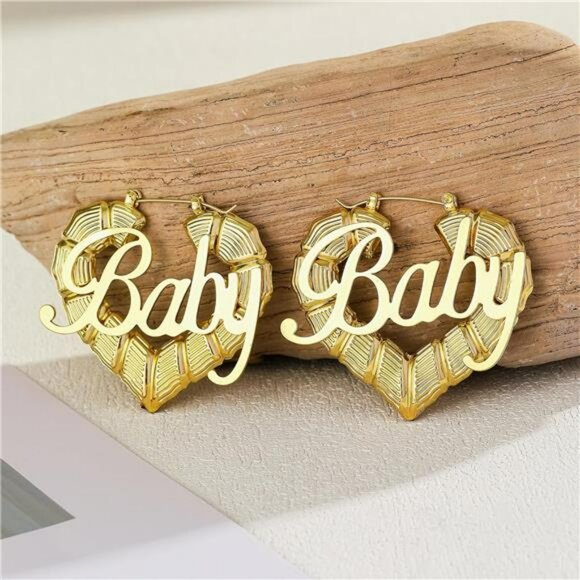 Gold Bamboo Hoop Earrings for Women Large Heart Door Knocker 90s Hip Hop Jewelry - Picture 5 of 8